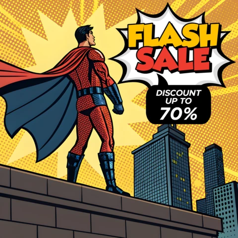 Pop Art Superhero Flash Sale Promotional Template for Posters