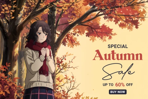 Autumn Sale Design Template with Anime Girl and Fall Leaves for Promotional Use