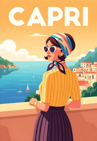 Modelo de cartaz de viagem vintage de capri com mulher estilosa e vista cênica