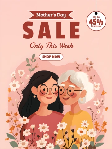 Charming Mother's Day Sale Design Template with Floral Illustrations