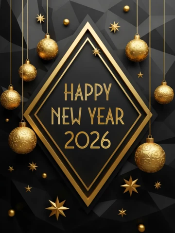 Elegant New Year 2026 Greeting Card Template with Gold Ornaments Design