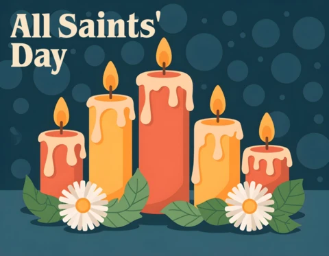 All Saints’ Day Home Reverent Candle Display with Petals & Night Serenity Greeting Card Design Template