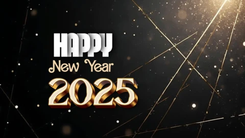 Modèle de carte 2025 pour le nouvel an, noir et or, élégant