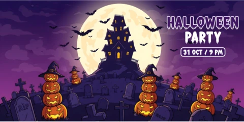 Halloween Party Stacked Pumpkin Scarecrows, Haunted House & Full Moon Youtube Cover Design Template
