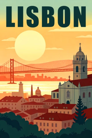 Lisbon Cityscape and Sunset Design Template for Retro Flat Travel Posters