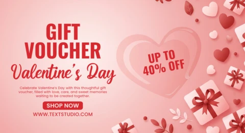 Plantilla de diseño de vale de regalo para el Día de San Valentín con corazones decorativos, cajas de regalo y fondo rosa festivo para promociones románticas.
