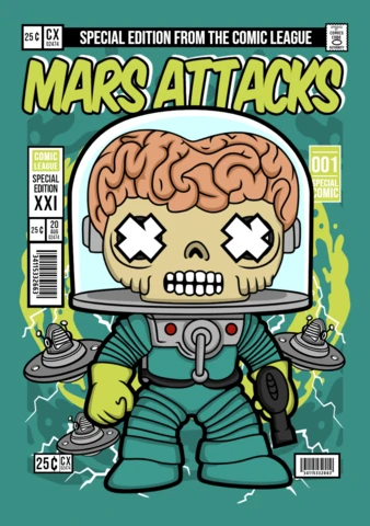 Plantilla de diseño de portada de revista con personajes de dibujos animados de Marte ataca