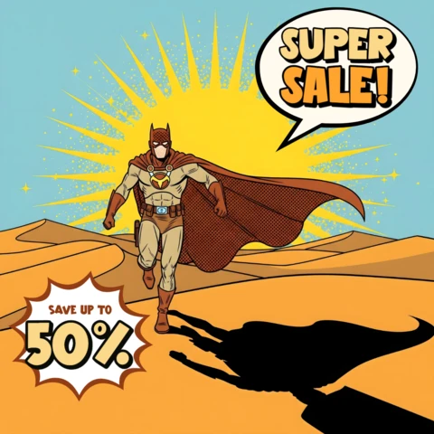 Super Sale Comic Heroic Desert Run with Red Cape & Sunburst Design Template for Promotional Flyers