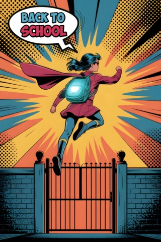 Ritorno a scuola stile fumetto eroe con zaino luminoso e design del poster del cancello scolastico