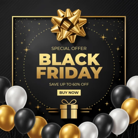 Black Friday Sale Design Template with Gold Bow and Balloons for Promotional Flyers