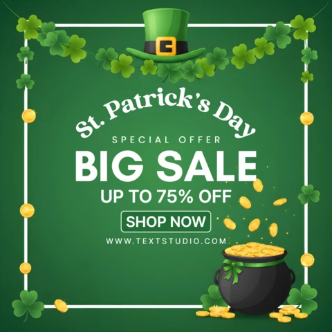 Saint Patrick’s Day Sale Poster Design Template with Leprechaun Hat, Shamrocks, and Pot of Gold