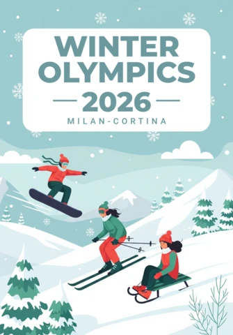 Affiche des Jeux Olympiques d'hiver 2026, snowboard, ski et luge dans un paysage alpin de Milan-Cortina.