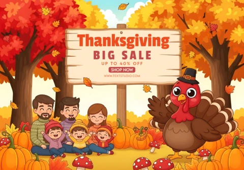 Desconto de Ação de Graças feliz família de seis com decoração sazonal e sinal promocional modelo de design de banner de venda promocional