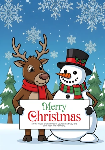 Póster de feliz navidad, muñeco de nieve y reno sosteniendo un cartel en una escena nevada con árboles de pino y copos de nieve, plantilla de diseño.