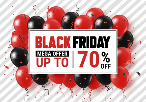 Affiche du Black Friday, ballons rouges et noirs avec des confettis et des tourbillons de rubans dorés sur un fond rayé, modèle de design pour des flyers promotionnels.
