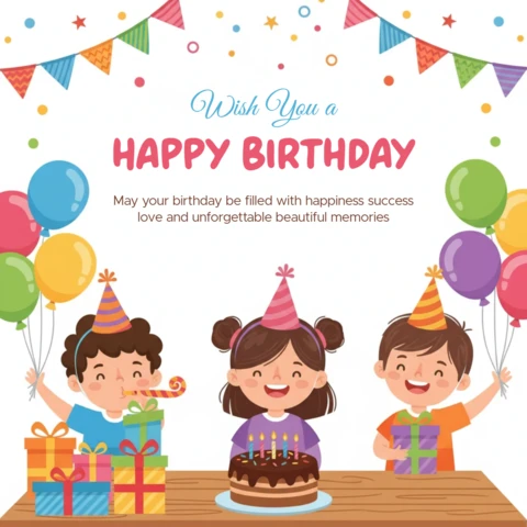 Feliz aniversário cartaz crianças celebração com balões, bolo, confete e tema de festa festiva