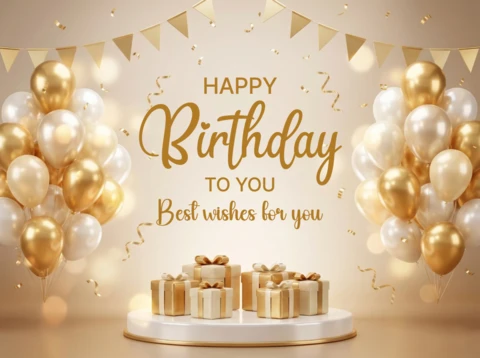 Póster decorativo de cumpleaños feliz con fondo dorado y blanco, globos, confeti y alegres deseos de cumpleaños.