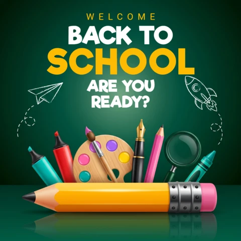 Welcome Back to School Banner with Colorful Educational Stationery and Pencils On a Dark Green Chalkboard Background