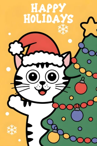 Weihnachtskarten-Design mit einem adorablen Kätzchen und einem Baum in einer Schneeszene mit warmem gelben Hintergrund und festlichem Gruß