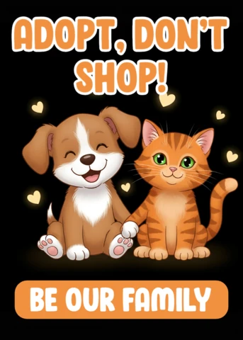 Adopta, no compres, plantilla de diseño para carteles de adopción de mascotas con ilustración de perros y gatos adorables.
