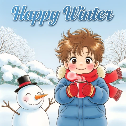 Winter Wonderland Design Template with Cute Child and Snowman for Holiday Greeting Cards