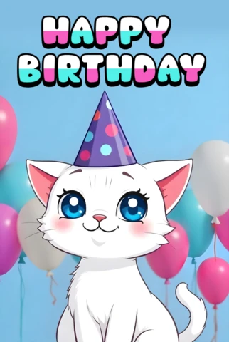Adorable plantilla de tarjeta de cumpleaños de gato con globos y sombrero de fiesta