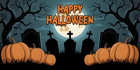 Modèle de couverture Facebook pour Halloween avec ombres lunaires dans la forêt, compagnons effrayants et brume de cimetière.