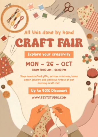 Handmade Craft Fair Event Flyer Template with Sewing Embroidery Supplies and DIY Fabric Craft Illustration