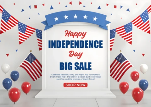 Template de design 3D para venda do dia da independência com faixas e balões