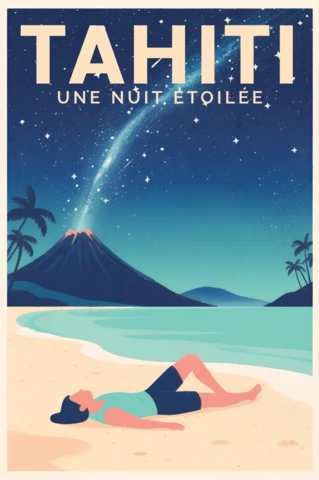 Tahiti Night Sky Vintage Poster Design Template for Travel Promotions