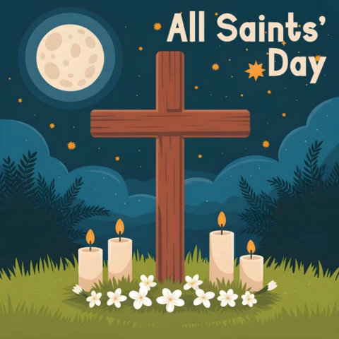 Christian Holiday All Saints’ Day Scene with Moonlight, Grass & Candlelight Greeting Card Design Template