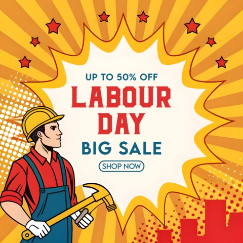 Retro Pop Art Labour Day Sale Template Design for Promotional Events