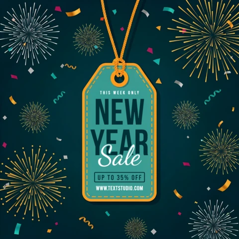 Nieuwjaarsuitverkoop ontwerpsjabloon met feestelijke tag en vuurwerk voor promotionele flyers