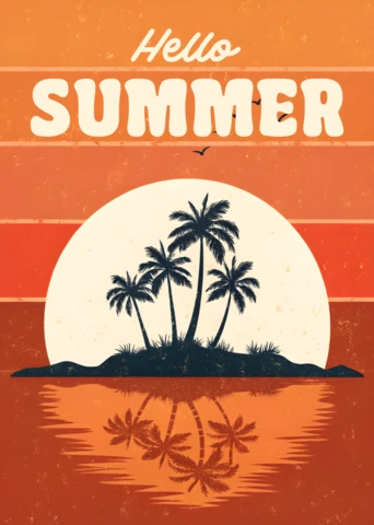 Retro Flat Poster Design with Palm Trees Island in The Sunset