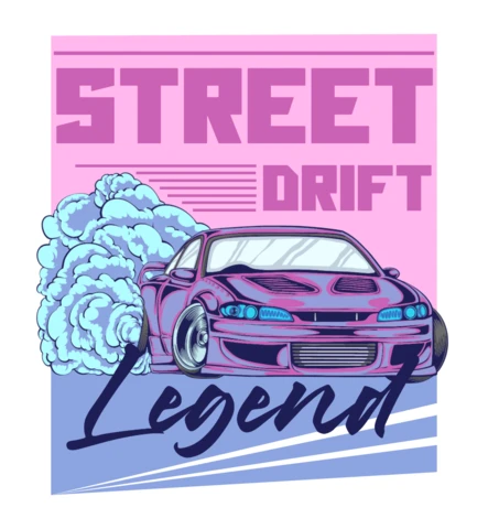 Straat drift legende levendige roze en blauwe auto met bandenrook t-shirt ontwerpsjabloon