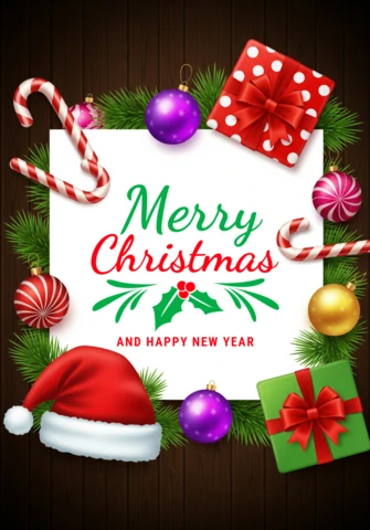 Elegant Christmas Card Design with White Card Center, Colorful Baubles, and Seasonal Pine Accents