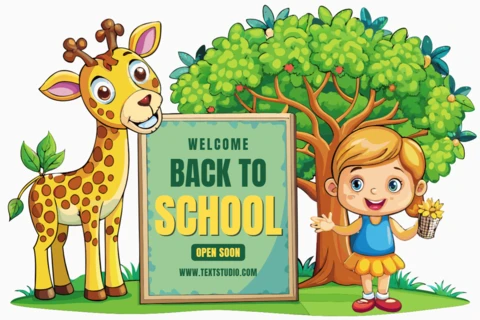 Modelo de design de volta às aulas com uma girafa fofa e uma criança para cartazes educacionais.
