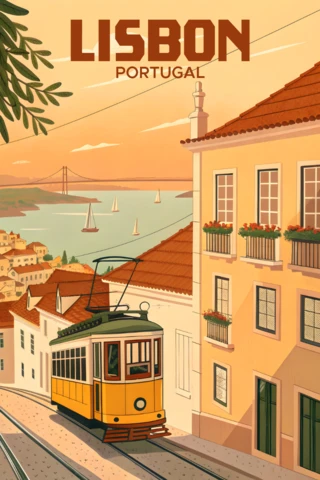 Vintage Lisbon Tram Design Template for Travel Posters