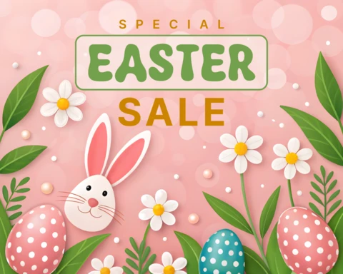 Plantilla de diseño de venta de Pascua con temática primaveral, un simpático conejito y huevos de colores