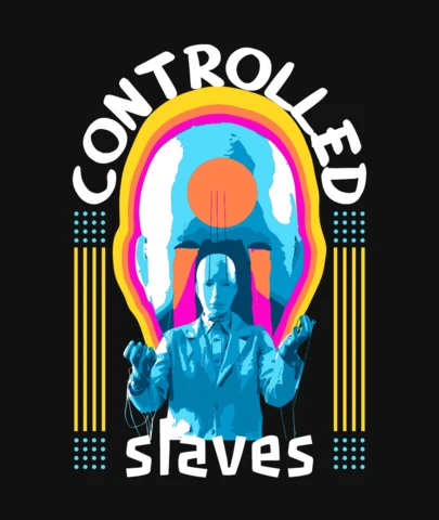 Design de camiseta com gráfico de traje de marionete controlada, tipografia de escravos e simbolismo da mente.