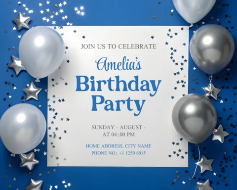 Plantilla de invitación de fiesta de cumpleaños editable con diseño festivo con globos y estrellas.
