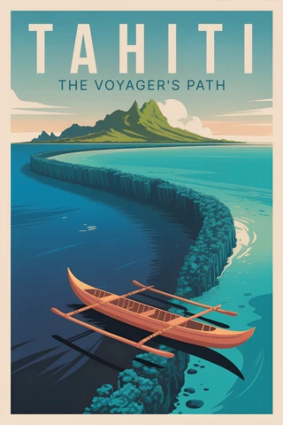 Modèle de design de poster de voyage vintage présentant le chemin des navigateurs de Tahiti avec un canoë et une île.