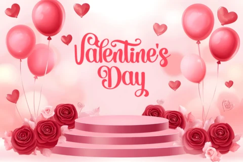 Plantilla de tarjeta de celebración de San Valentín con globos y rosas
