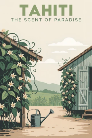'Scent of Paradise' Retro Flat Tahiti Vanilla Farm Illustration for Travel Posters