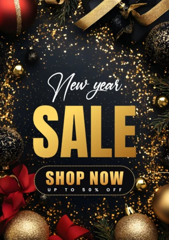 Modèle d'affiche élégante et dorée pour les soldes du nouvel an