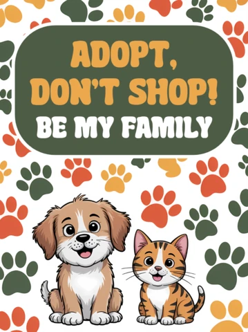 かわいい犬と猫のキャラクターをフィーチャーしたポスター用の遊び心満載のペット養子縁組デザインテンプレート