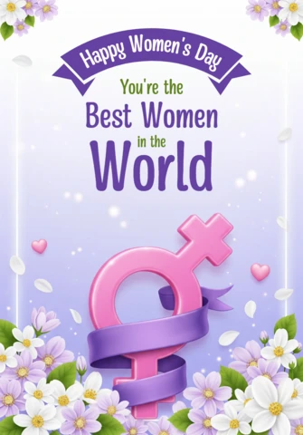 Banner de celebração do Dia Internacional da Mulher com símbolo de gênero, flores e fundo gradiente roxo festivo.