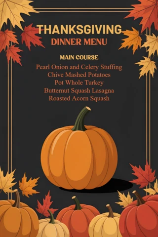 Modelo de menu de jantar de Ação de Graças com design de abóbora e folhas de outono para eventos festivos.