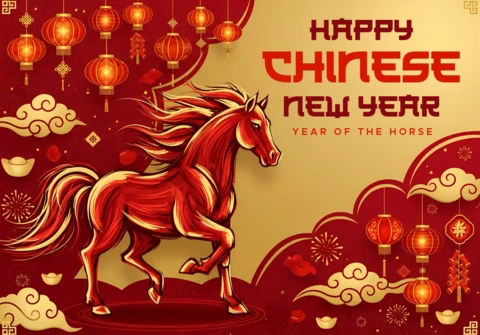 Template di design per le carte di auguri festive del capodanno cinese con cavallo