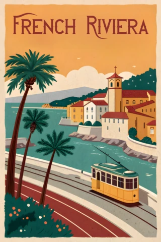 Vintage Travel Poster Design Template Featuring Tram and Coastal Landscape